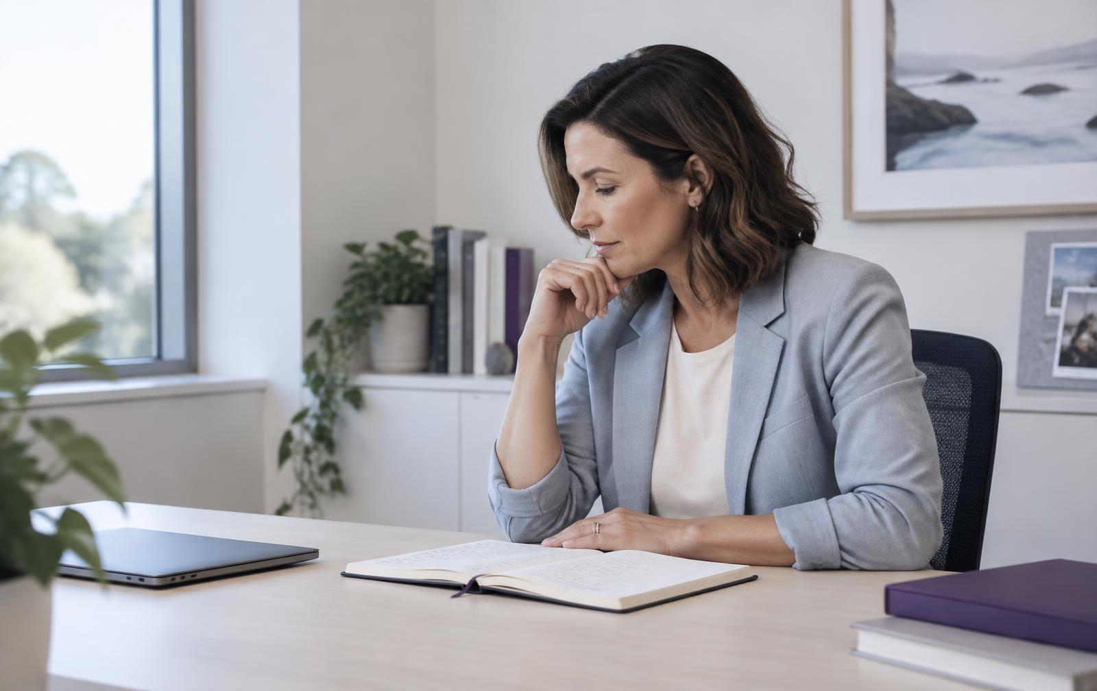 A human services professional pausing in deep reflection over notes at her desk